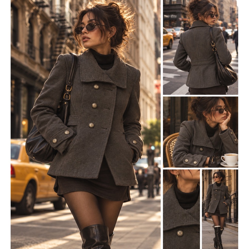VTG Y2K Hydraulic Jeans Women's M Gray Double Breasted Pea Coat Belted Lined